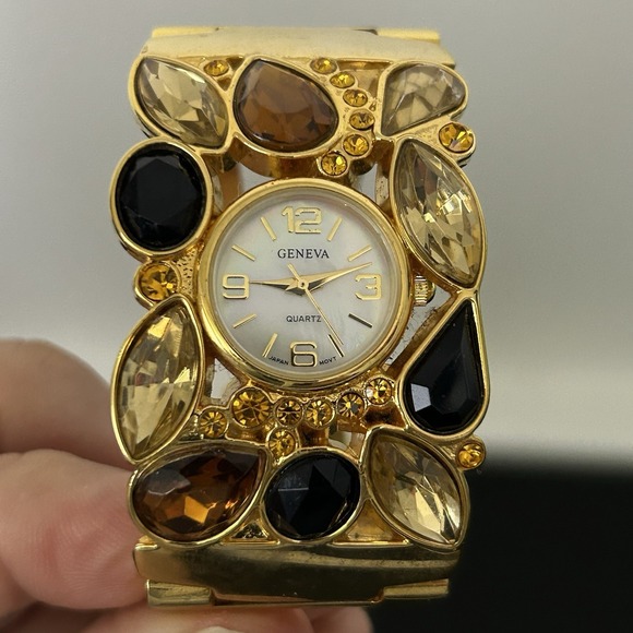 Geneva Gold Tone Crystal Cuff Bracelet Watch Women Quartz Japan Movt - Picture 4 of 10